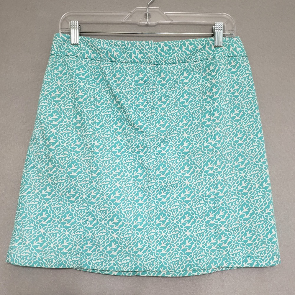 Ann Taylor 8 Skirt Teal White Coral Geometric A-Line Mini Stretch Coastal Preppy